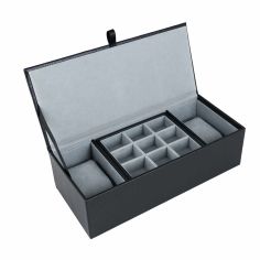 Boite en cuir noir 2 montres et 9 Boutons de manchette Cravate Avenue Signature