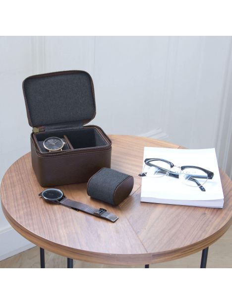 Ecrin rangement 2 montres, voyage, cuir végan marron Stackers UK
