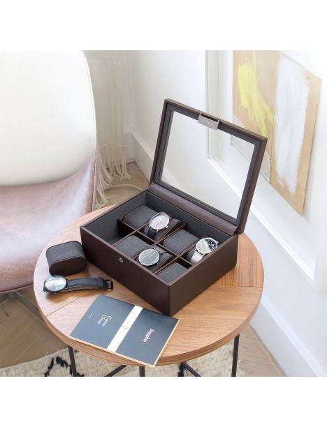 Ecrin rangement 8 montres, vitré marron. Cuir végétalien. Stackers UK