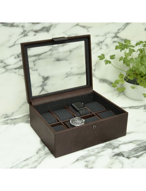 Ecrin rangement 8 montres, vitré marron. Cuir végétalien. Stackers UK