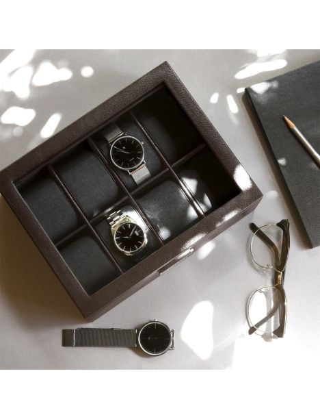 Ecrin rangement 8 montres, vitré marron. Cuir végétalien. Stackers UK
