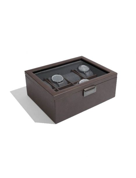 Ecrin rangement 8 montres, vitré marron. Cuir végétalien. Stackers UK