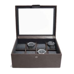 Ecrin rangement 8 montres, vitré marron. Cuir végétalien. Stackers UK