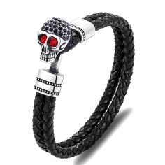 Bracelet Cuir têtes de mort yeux rouge Clj Charles Le Jeune