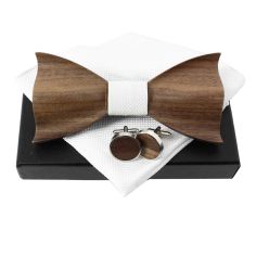 Noeud papillon en bois, blanc, Boutons de manchette et pochette Clj Charles Le Jeune 2