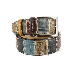 Ceinture cuir, Patchwork Lézard 35mm, Marron bords surpiqués Robert Charles