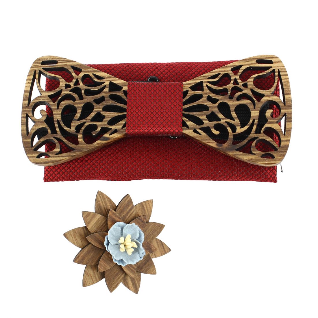 Coffret Volutes sculptées, rouge. Noeud papillon en bois avec 2 accessoires. Tony & Paul Noeud Papillon