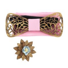 Coffret Volutes sculptées, Rose. Noeud papillon en bois avec 2 accessoires. Tony & Paul