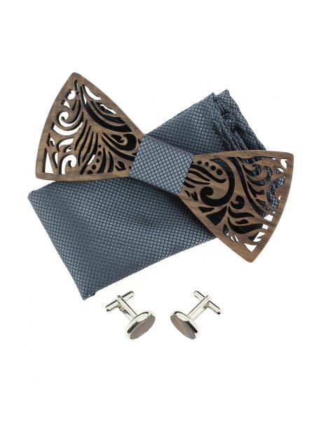 Coffret Feuilles gris Bleu, Noeud papillon en bois et 2 accessoires. Tony & Paul