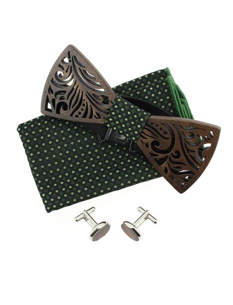 Coffret Feuilles vert anglais, Noeud papillon en bois et 2 accessoires. Tony & Paul