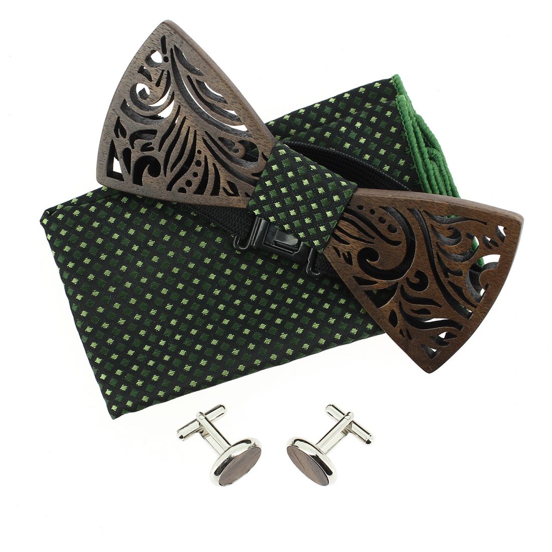 Coffret Feuilles vert anglais, Noeud papillon en bois et 2 accessoires. Tony & Paul