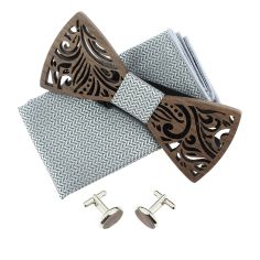 Coffret Feuilles gris cendre, Noeud papillon en bois et 2 accessoires.