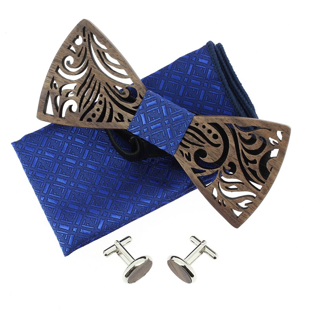 Coffret Feuilles Bleu roi, Noeud papillon en bois et 2 accessoires. Tony & Paul
