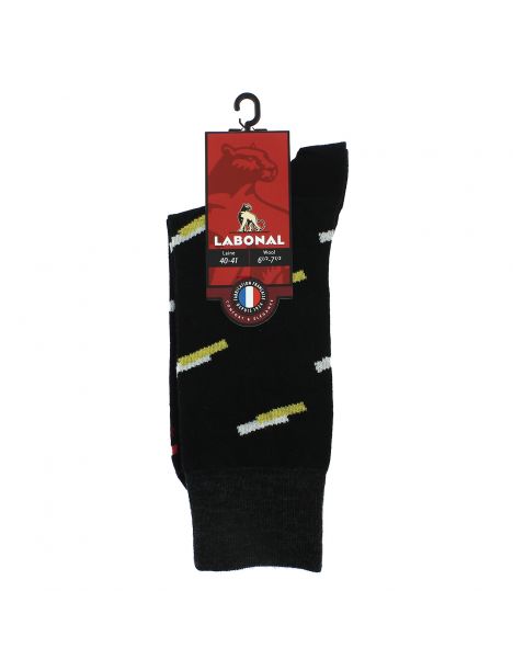 Mi-chaussette noire en laine, double traits Rétro, Labonal. Labonal