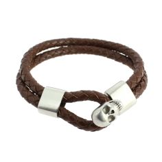 Bracelet cuir tressé marron et crâne, Simon Carter Simon Carter