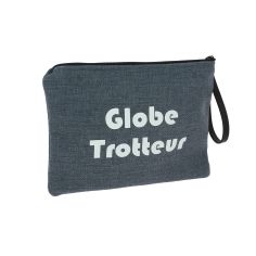 Pochette de toilette bleu jeans, Globe Trotteur, confectionnée en France Emmanuel Création