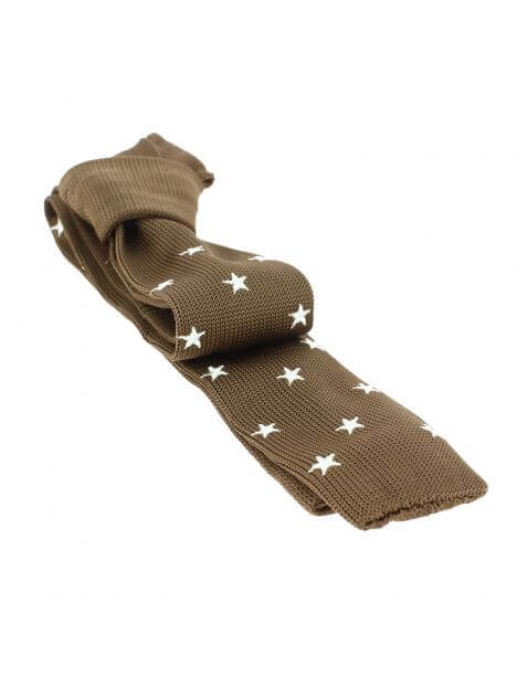 Cravate Tricot maille très fine, Stella, marron, étoiles brodées blanches Clj Charles Le Jeune