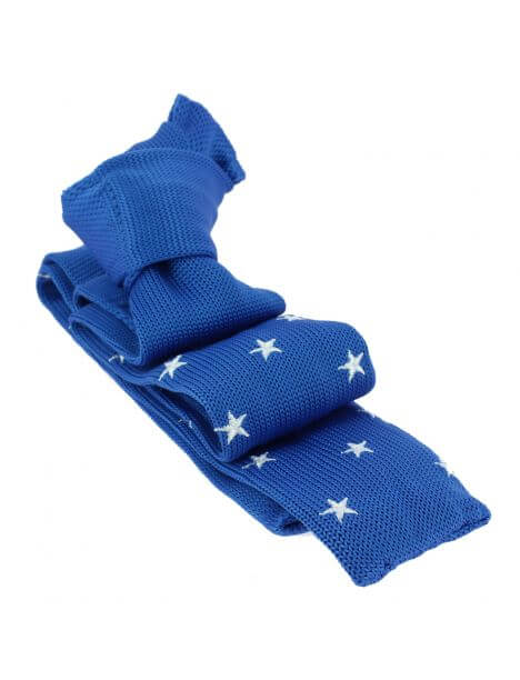 Cravate Tricot maille très fine Stella, bleu, étoiles brodées blanches Clj Charles Le Jeune
