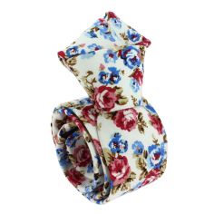 Cravate Liberty en coton, Fleurs roses et bleues fond blanc Clj Charles Le Jeune 2