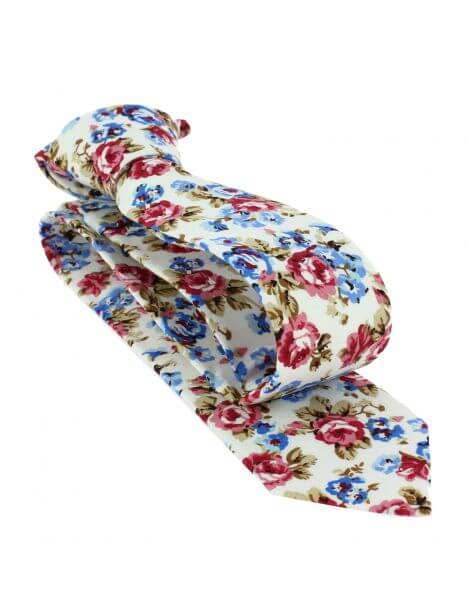 Cravate Liberty en coton, Fleurs roses et bleues fond blanc Clj Charles Le Jeune