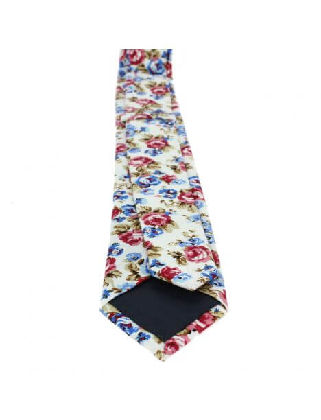 Cravate Liberty en coton, Fleurs roses et bleues fond blanc Clj Charles Le Jeune