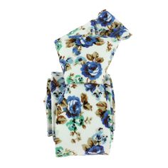 Cravate Liberty en coton, Fleurs bleues et feuillage café Clj Charles Le Jeune