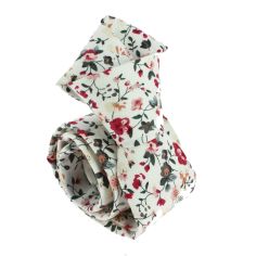 Cravate Liberty en coton, Fleurs roses feuilles vertes, fond blanc. Clj Charles Le Jeune 2