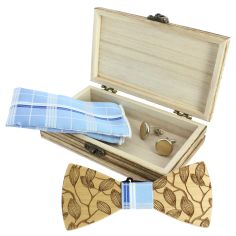 Coffret Feuilles gravées Carreaux bleus, Noeud papillon en bois, pochette et boutons de manchette Tony & Paul 2