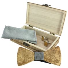 Coffret Nymphes Dryades, Gris Taupe, Noeud papillon en bois, pochette et boutons de manchette Tony & Paul 2