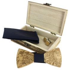 Coffret Nymphes Dryades, Bleu Marine, Noeud papillon en bois, pochette et boutons de manchette Tony & Paul 2