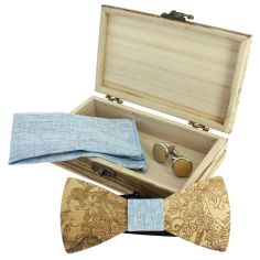 Coffret Nymphes Dryades, Bleu Jeans, Noeud papillon en bois, pochette et boutons de manchette Tony & Paul 2