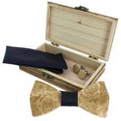 Coffret Paisley 3D, Bleu Marine, Noeud papillon en bois en relief, pochette et boutons de manchette Tony & Paul 2