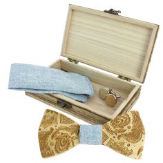 Coffret Paisley 3D, Bleu Jeans, Noeud papillon en bois en relief, pochette et boutons de manchette Tony & Paul 2