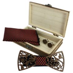 Coffret Fleurs 2D, Pied de poule noir et rouge, Noeud papillon en bois sculpté creusé, pochette et boutons de manchette Tony ... 2