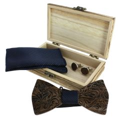 Coffret Fleurs 3D, marine, Noeud papillon en bois foncé en relief, pochette et boutons de manchette Tony & Paul 2