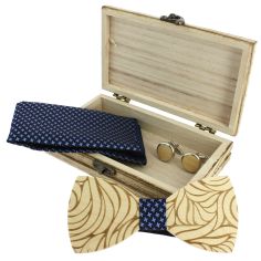 Coffret coeur de rose, Pied de poule marine et bleu, Noeud papillon en bois, pochette et boutons de manchette Tony & Paul 2