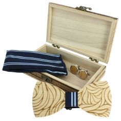Coffret coeur de rose, Rayures marine et bleues, Noeud papillon en bois, pochette et boutons de manchette Tony & Paul 2