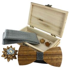 Coffret Feuilles du Japon, H grisés, Noeud papillon en bois et 3 accessoires. Tony & Paul 2
