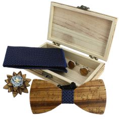 Coffret Feuilles du Japon, Marine et points argentés, Noeud papillon en bois et 3 accessoires. Tony & Paul 2