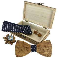 Coffret Feuilles du Japon, Marine à pois, Noeud papillon en bois et 3 accessoires. Tony & Paul 2