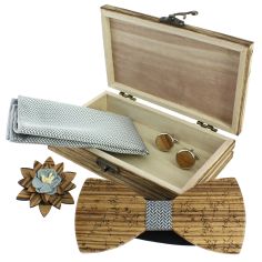 Coffret Feuilles du Japon, Gris Taupe, Noeud papillon en bois et 3 accessoires. Tony & Paul 2