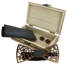 Coffret Fleurs 2D, Noir à points blancs, Noeud papillon en bois sculpté creusé, pochette et boutons de manchette Tony & Paul 2
