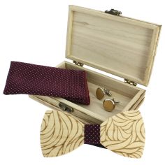 Coffret coeur de rose, Bordeaux, Noeud papillon en bois, pochette et boutons de manchette Tony & Paul 2