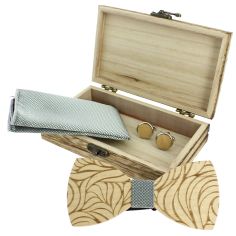 Coffret coeur de rose, Gris clair, Noeud papillon en bois, pochette et boutons de manchette Tony & Paul 2