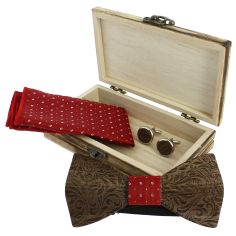 Coffret Fleurs 3D, Rouge, Noeud papillon en bois foncé en relief, pochette et boutons de manchette Tony & Paul 2