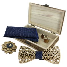 Coffret Cercles, Marine à points bleus, Noeud papillon en bois et 3 accessoires. Tony & Paul 2