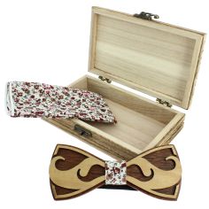 Coffret Moustache Noeud papillon en bois et pochette Liberty rose et blanc Tony & Paul 2