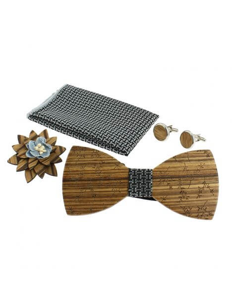 Coffret Feuilles du Japon, H grisés, Noeud papillon en bois et 3 accessoires.