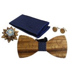 Coffret Feuilles du Japon, Marine et points argentés, Noeud papillon en bois et 3 accessoires. Tony & Paul