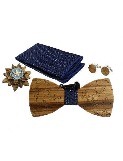 Coffret Feuilles du Japon, Marine et points argentés, Noeud papillon en bois et 3 accessoires.